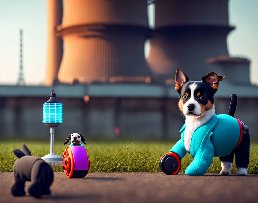 Corgi in Blue Jacket with Toy Robot and Bunny Model at Sunset