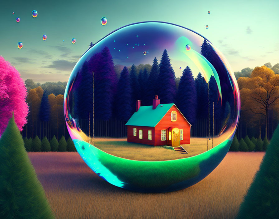 Colorful illustration: Red house in bubble, whimsical forest, floating soap bubbles, evening sky