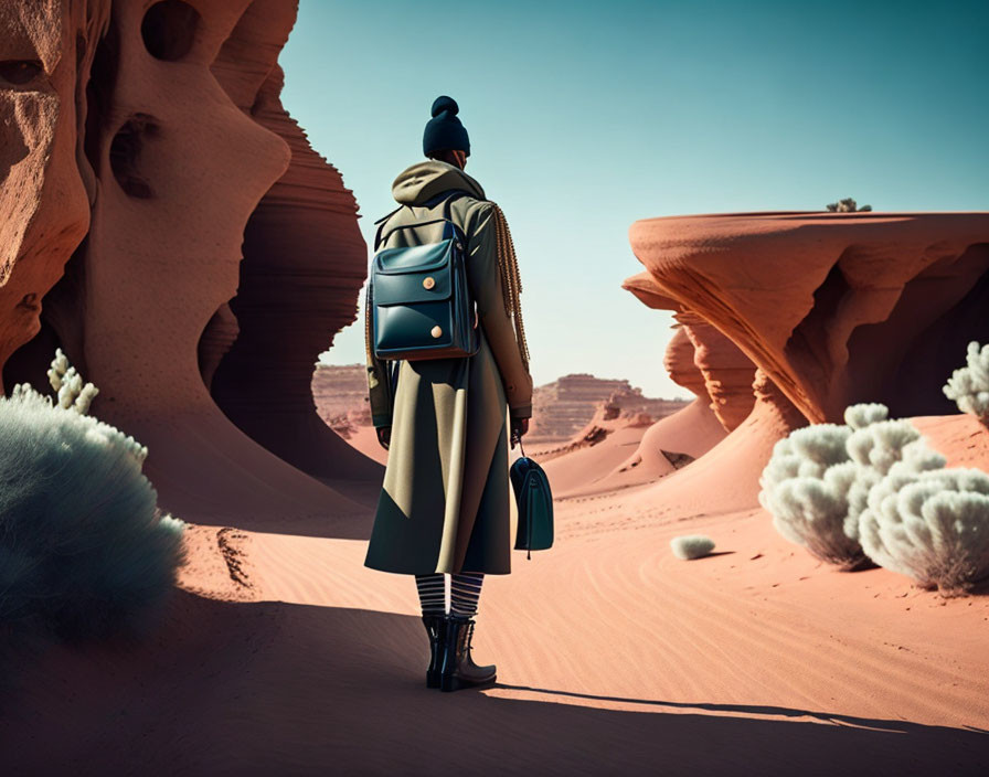 Stylish person with backpack in desert landscape with unique rock formations