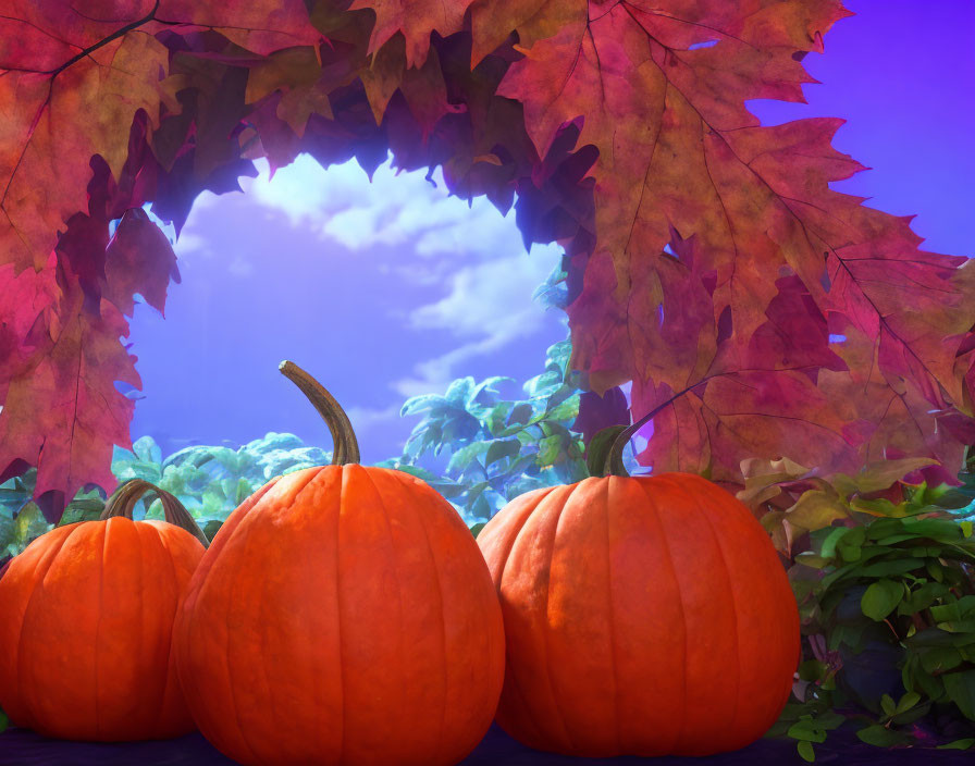 Autumn-themed image with three pumpkins and purple background.