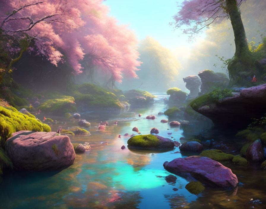 Tranquil river with pink blossoming trees and lush greenery