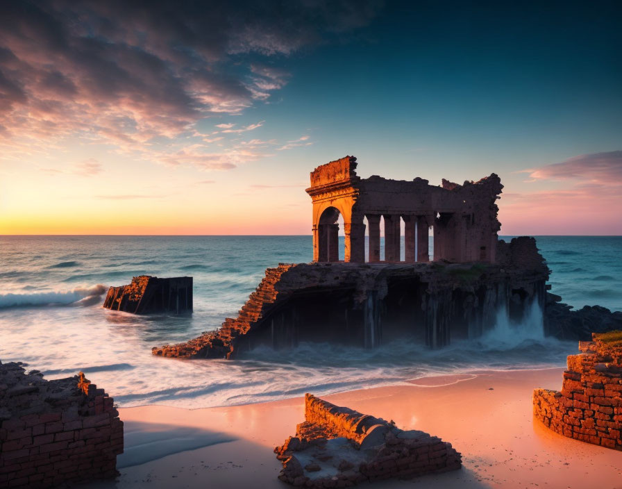 Sunset illuminating sea ruins with crashing waves