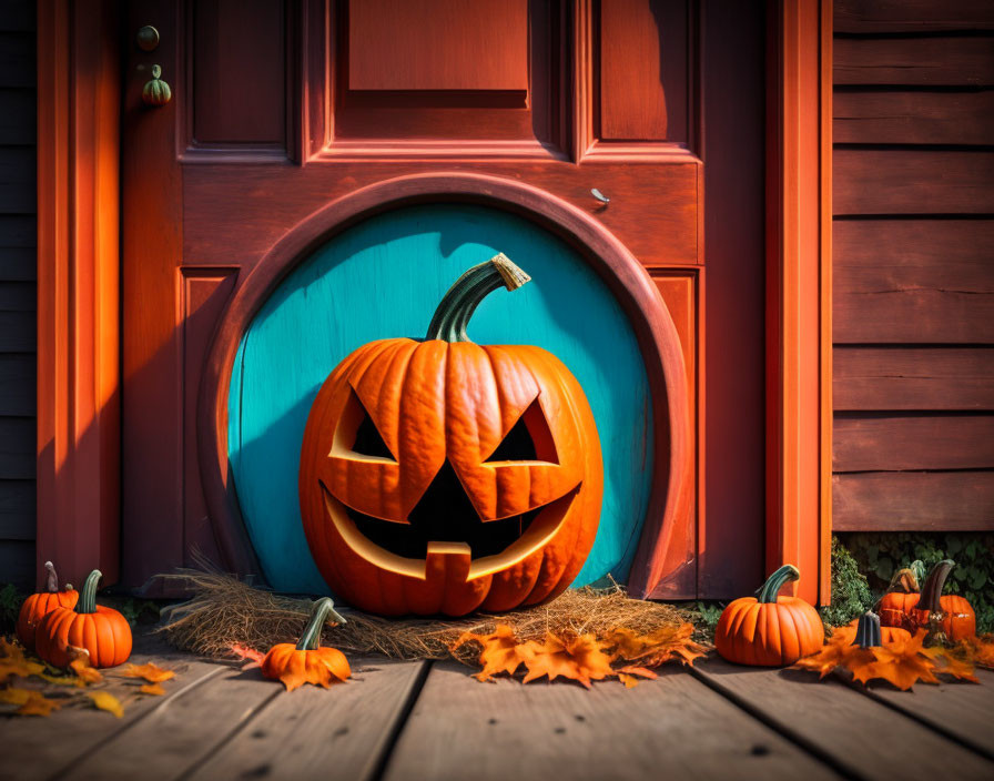 Smiling Face Carved Pumpkin with Autumn Decorations