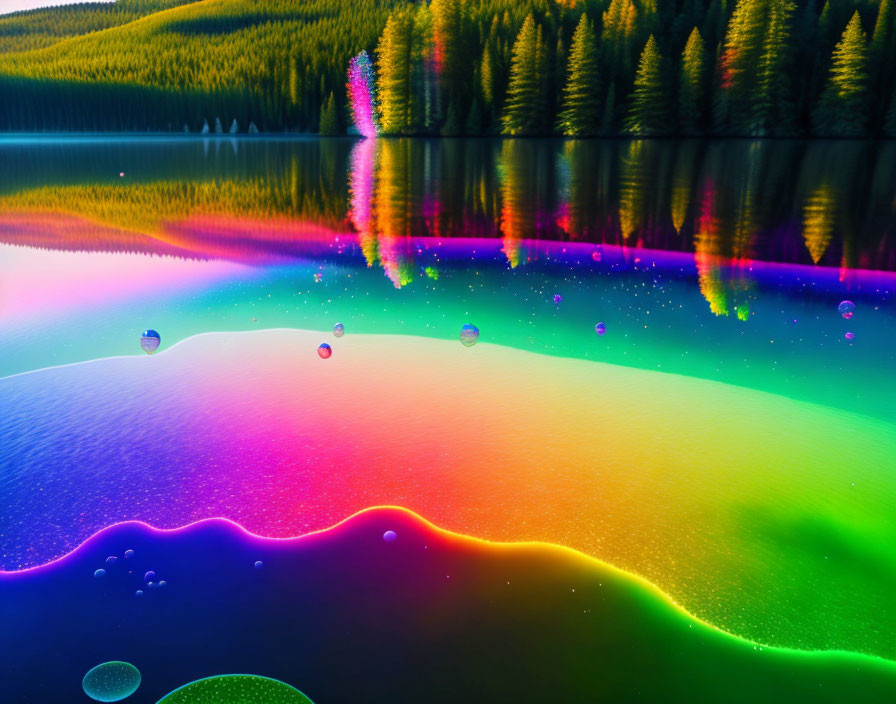 Multicolored computer-generated landscape with floating spheres and forest silhouette