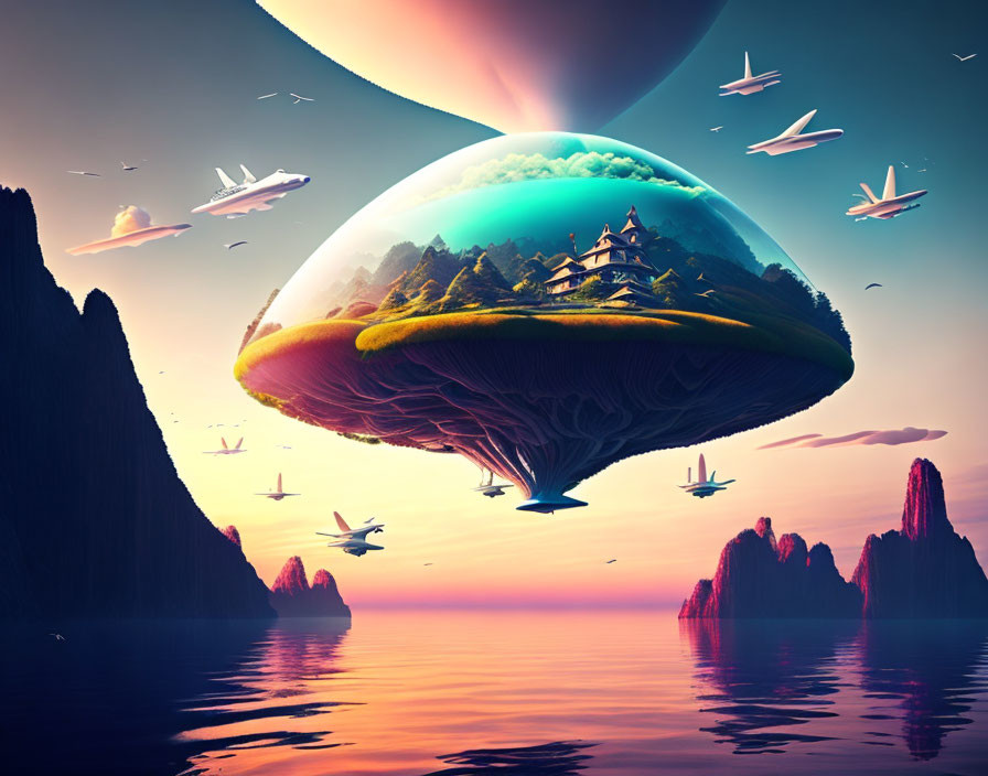 Surreal landscape with inverted island, pink sea, flying birds, and planes at twilight