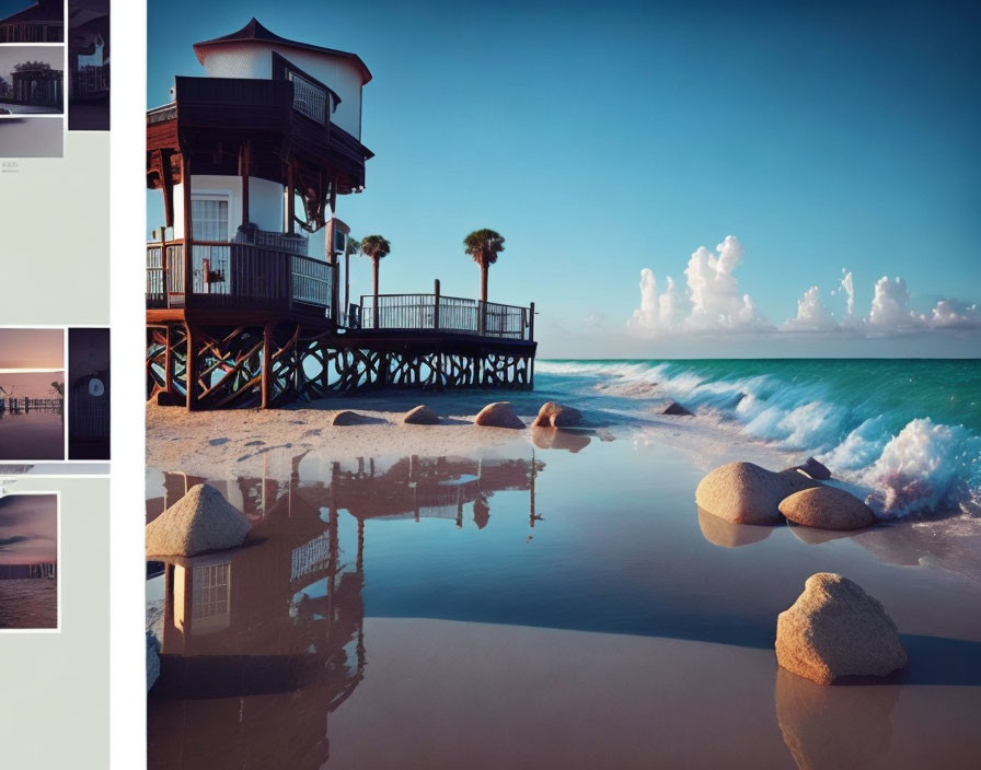 Tranquil beach landscape with wooden pier house, palm trees, wet sand, rocks, and gentle