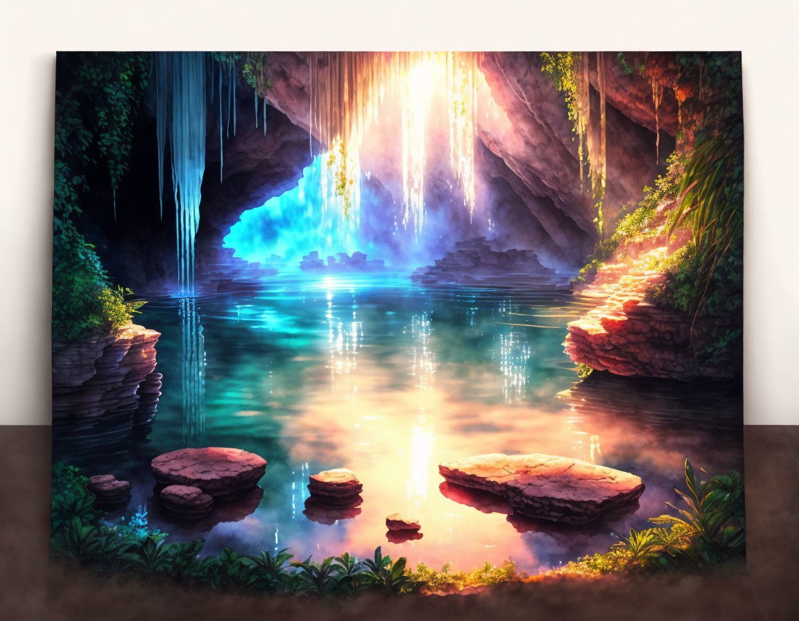 Tranquil waterfall scene with lush greenery and ethereal light