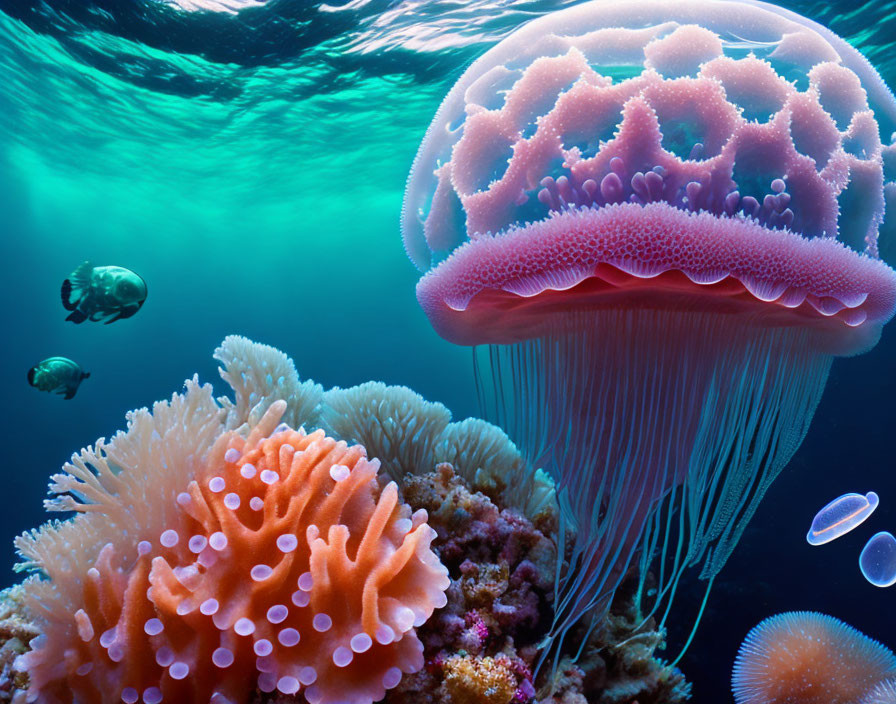 Colorful underwater scene with pink jellyfish, tropical fish, and coral reef