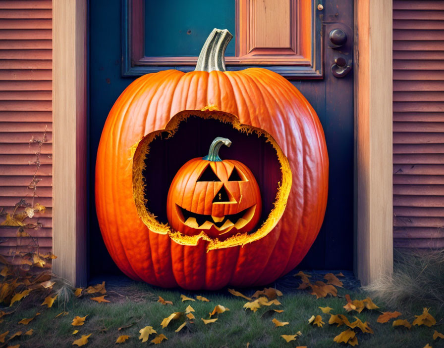 Carved large pumpkin with smaller jack-o'-lantern inside on autumn porch