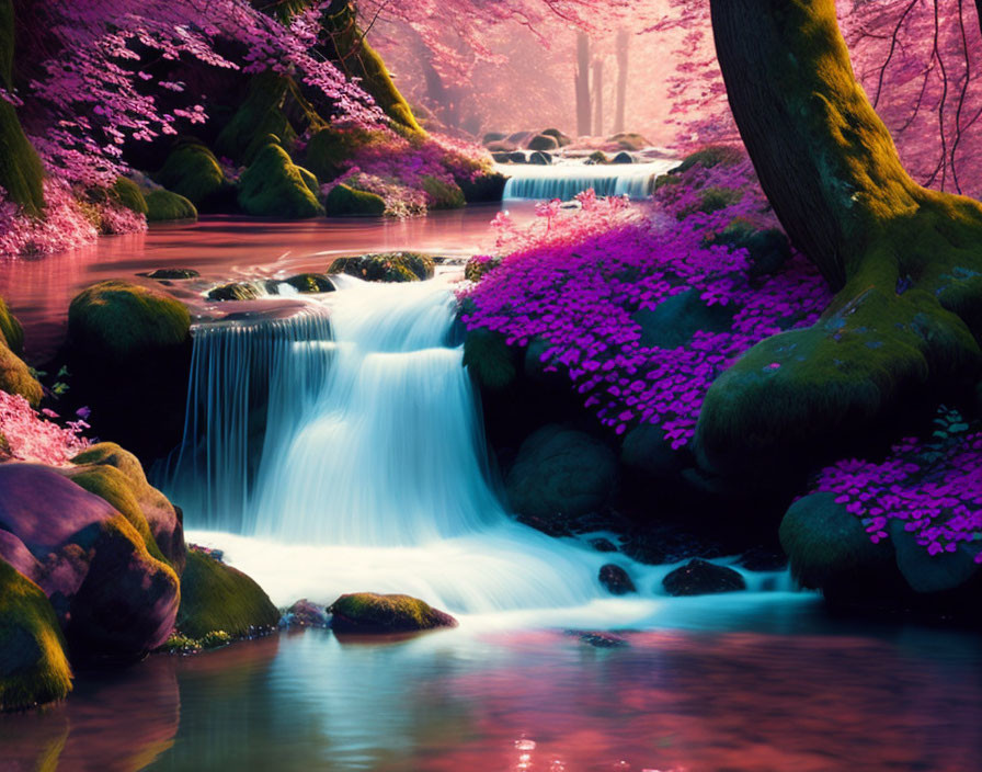 Tranquil stream with cascading waterfalls and pink flora