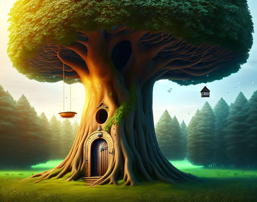 Illustration of Large Tree with Door, Windows, and Swing in Forest Clearing at Sunrise or Sunset