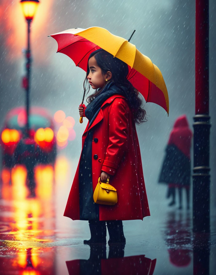 Young girl in red coat with umbrella on rainy street