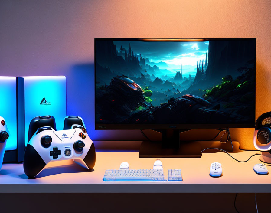 Illuminated Gaming Setup with Ultrawide Monitor Displaying Fantasy Landscape