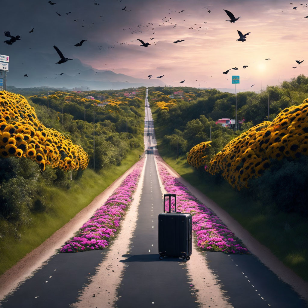 Deserted Road with Sunflowers, Pink Blooms, and Birds under Pink Sky