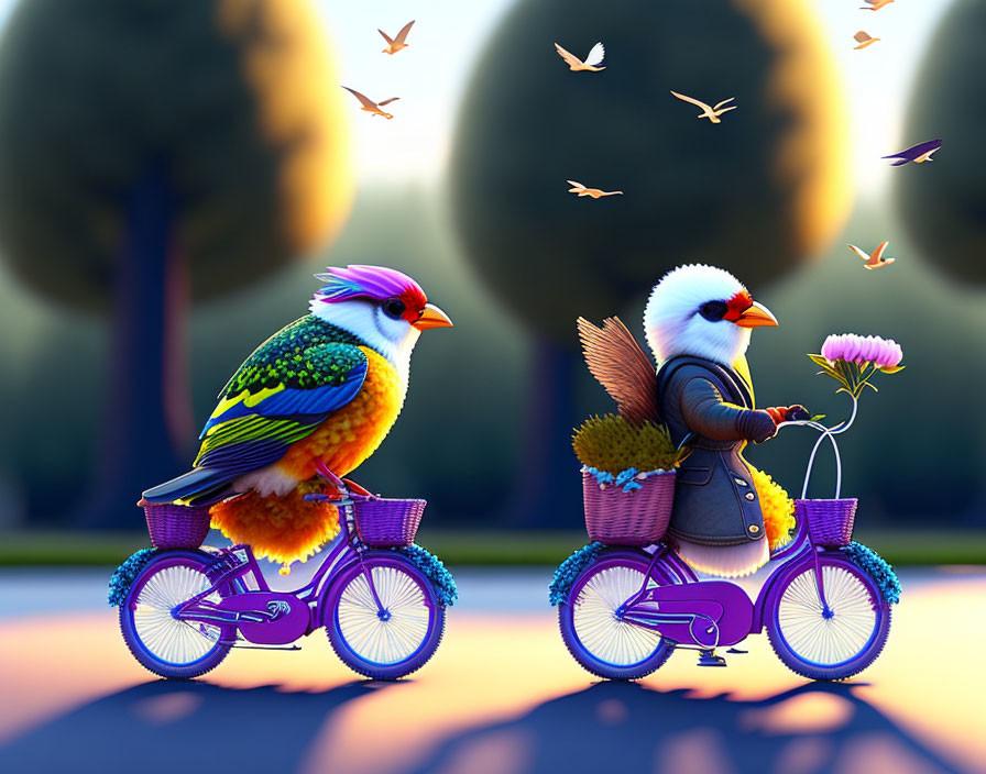 Colorful anthropomorphic birds ride bicycles in nature scene with butterflies.