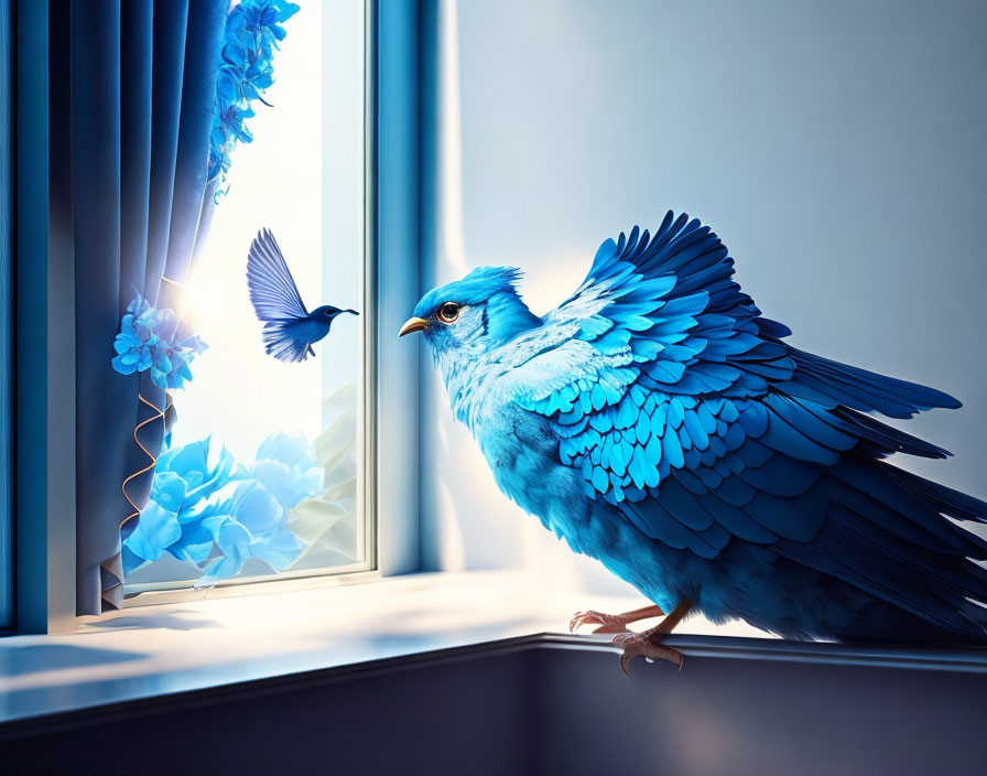 Blue bird perched on windowsill with wings spread, admiring reflection in flower-adorned window