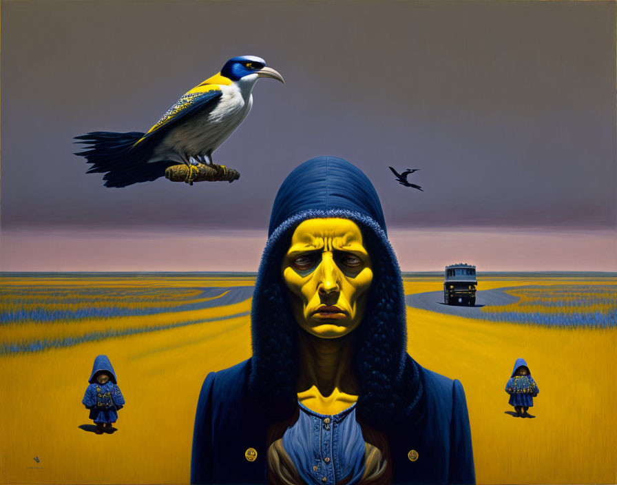 Surrealist painting with distorted figure, bird, and train