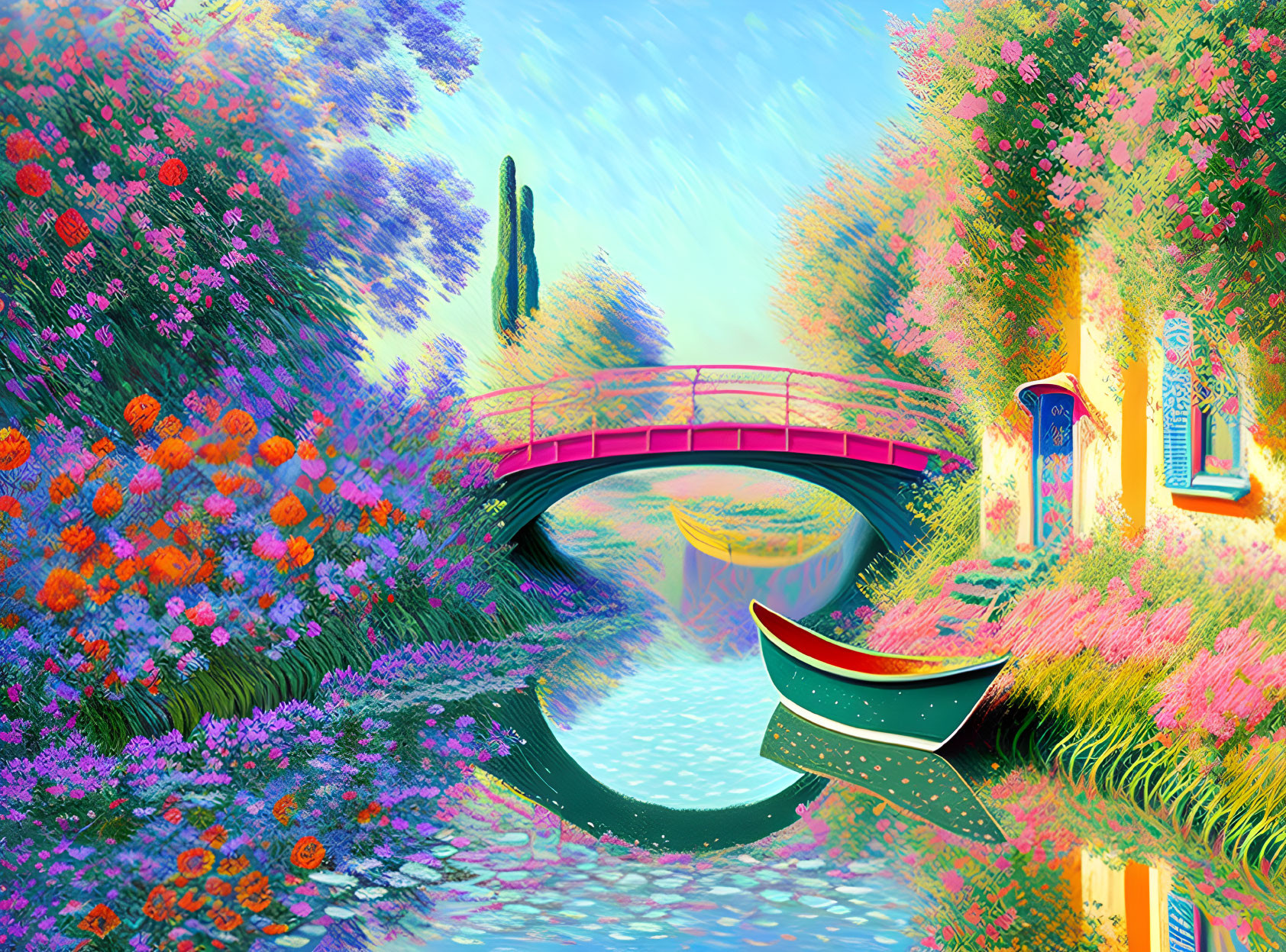 Impressionist-style painting of lush garden with pink bridge, boat, and colorful flora