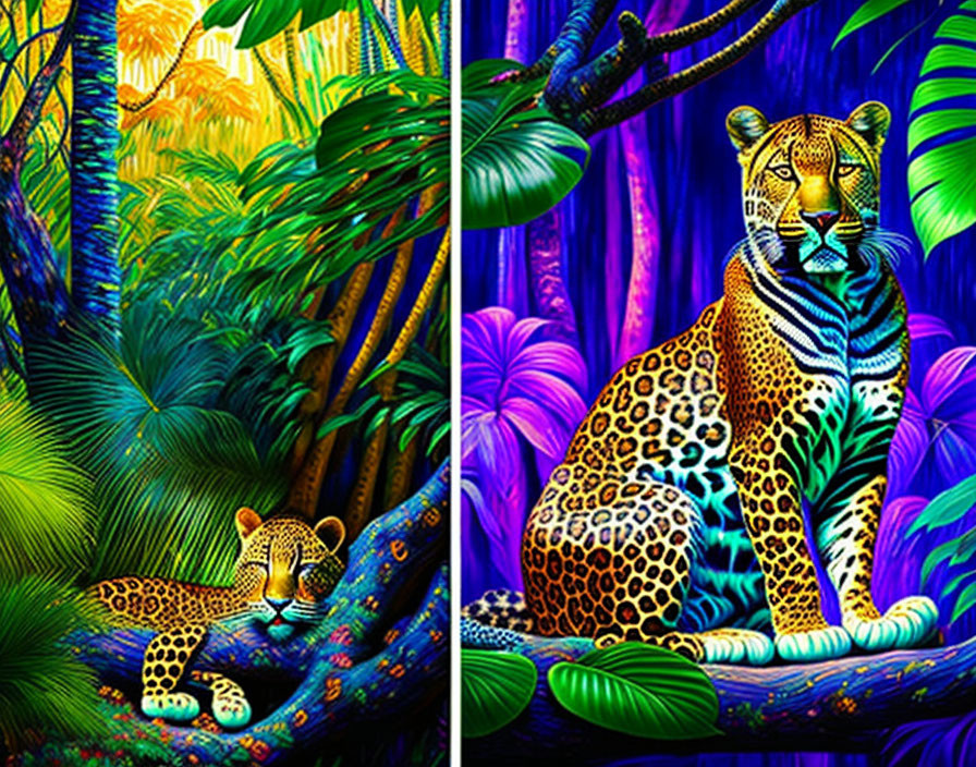 Vibrant illustration: jaguar and cub in lush jungle