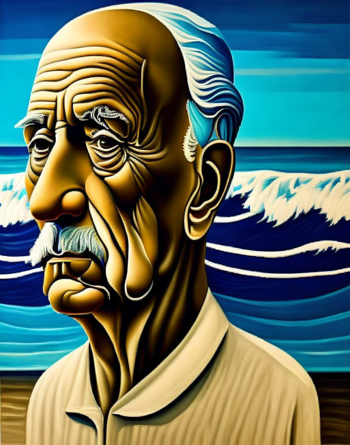 Vibrant stylized portrait of elderly man against wave patterns