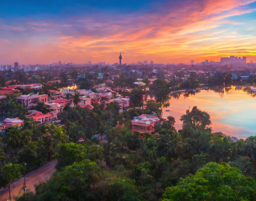 Cityscape at Dawn: Vibrant Sky Reflected on Lake