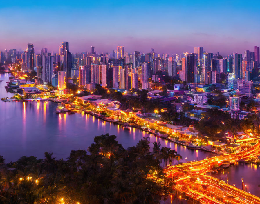 Vibrant city skyline at dusk with illuminated skyscrapers and busy waterfront roads