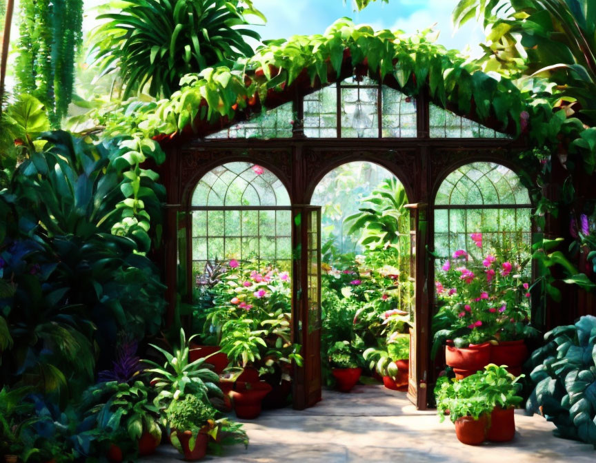 Vibrant plants and flowers in lush greenhouse under sunny sky