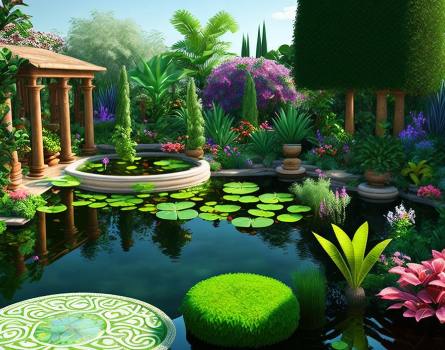 Tranquil garden scene with pond, lily pads, classical pillars, vibrant flowers, lush green