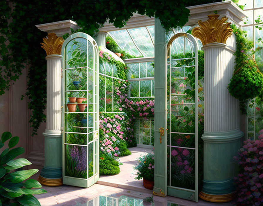 Greenhouse with Open Glass Door Surrounded by Lush Greenery and Flowers