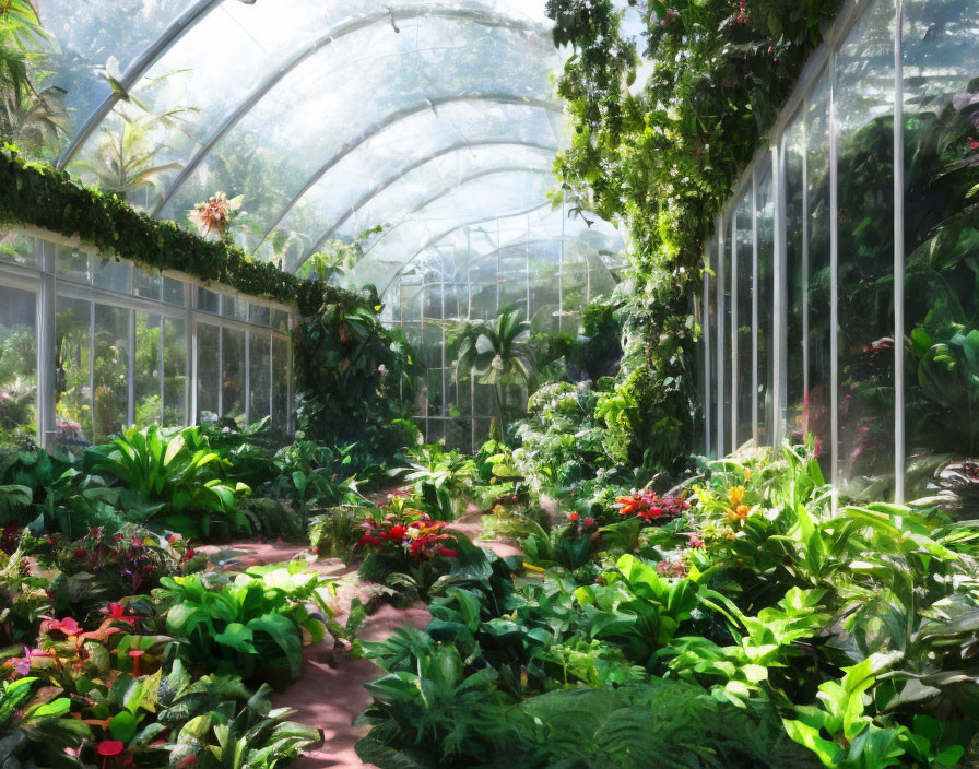 Greenhouse with curved glass roof and vibrant plants under sunlight