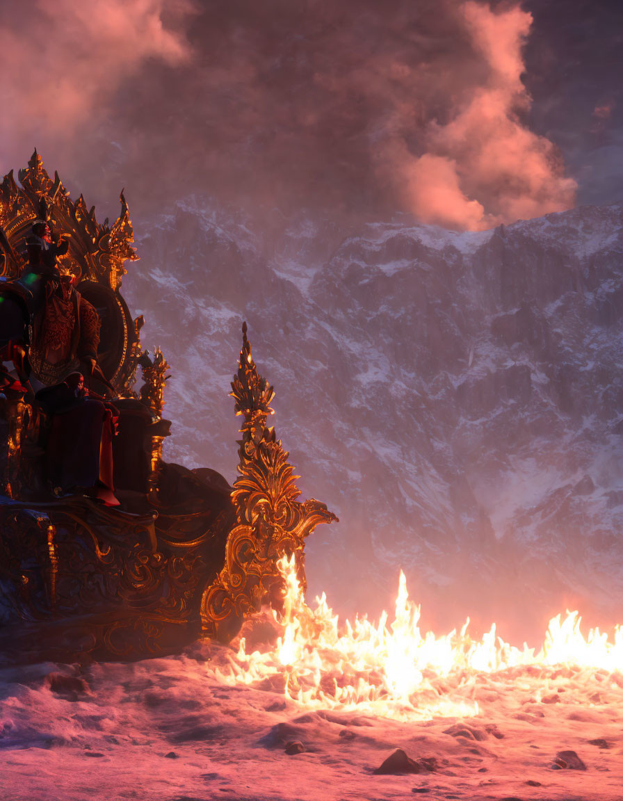 Majestic figure on ornate throne in fiery landscape