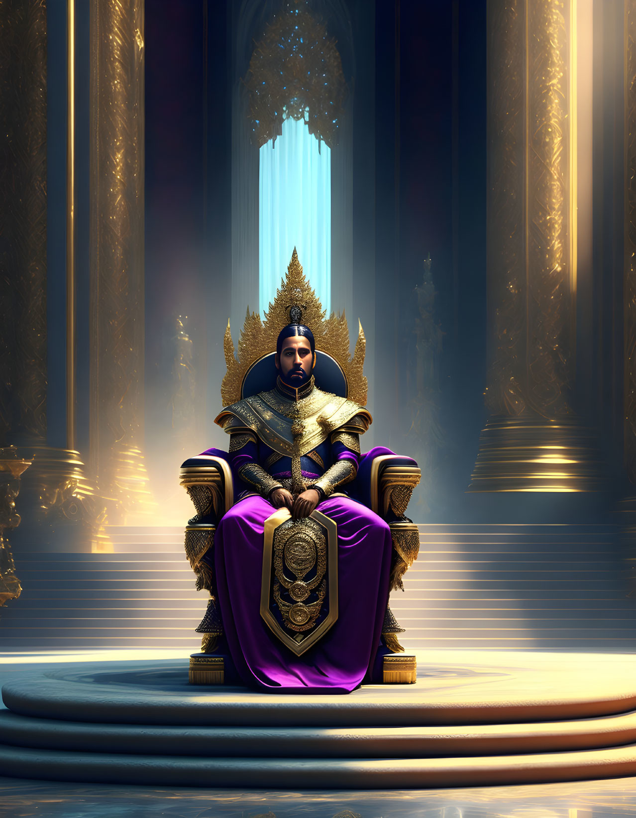 Regal Figure in Ornate Armor on Throne in Majestic Hall