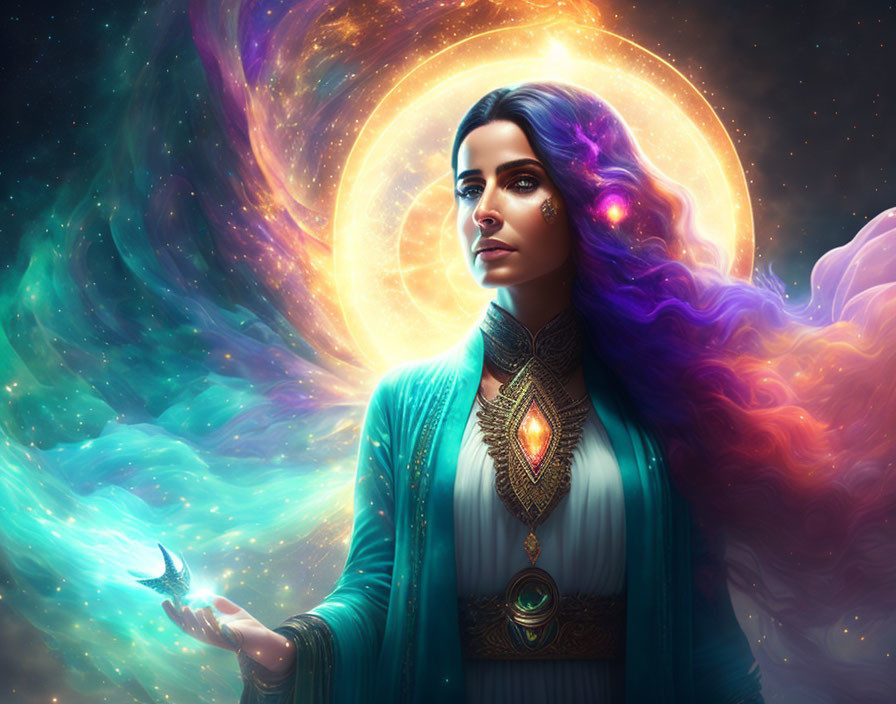 Mystical woman adorned with cosmic energy and nebulae, holding a glowing bird