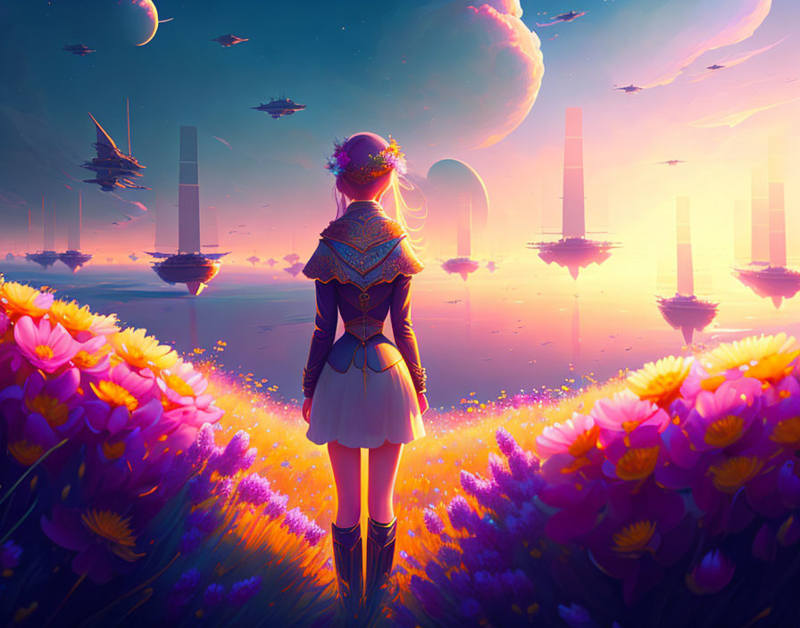 Person surrounded by vibrant flowers with fantastical skyline and floating ships.