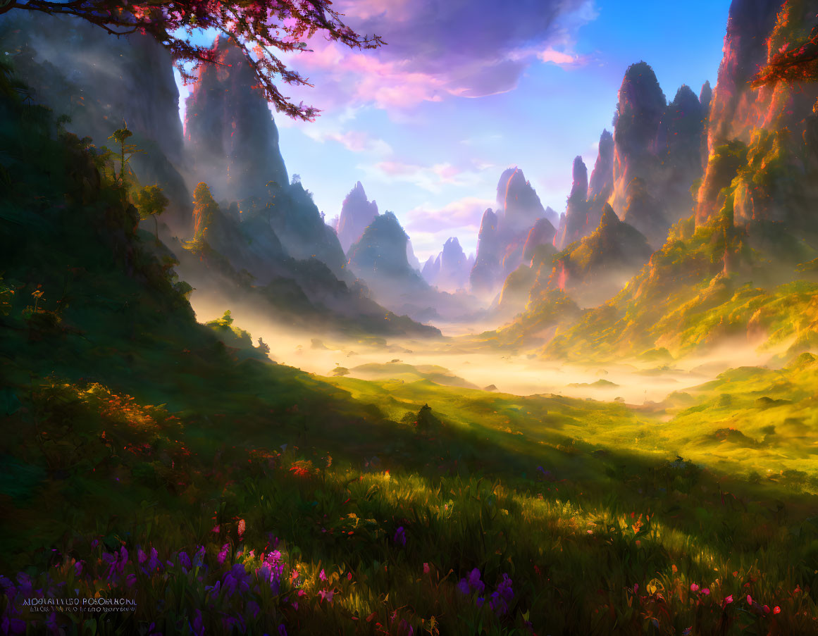 Mystical valley digital painting: golden sunrise, fog, vibrant flora