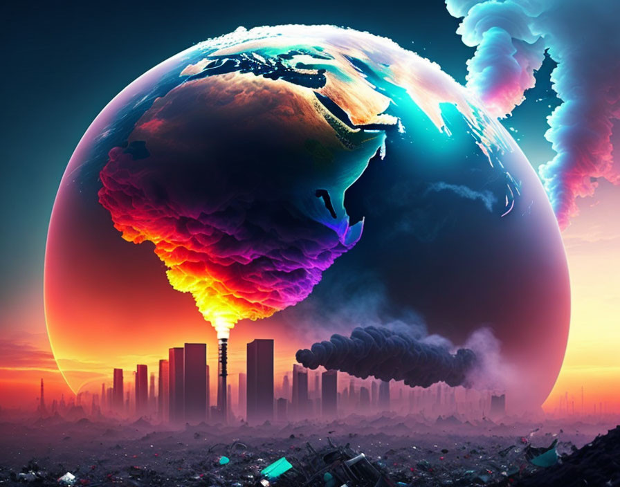 Vibrant explosion behind oversized Earth and polluted cityscape