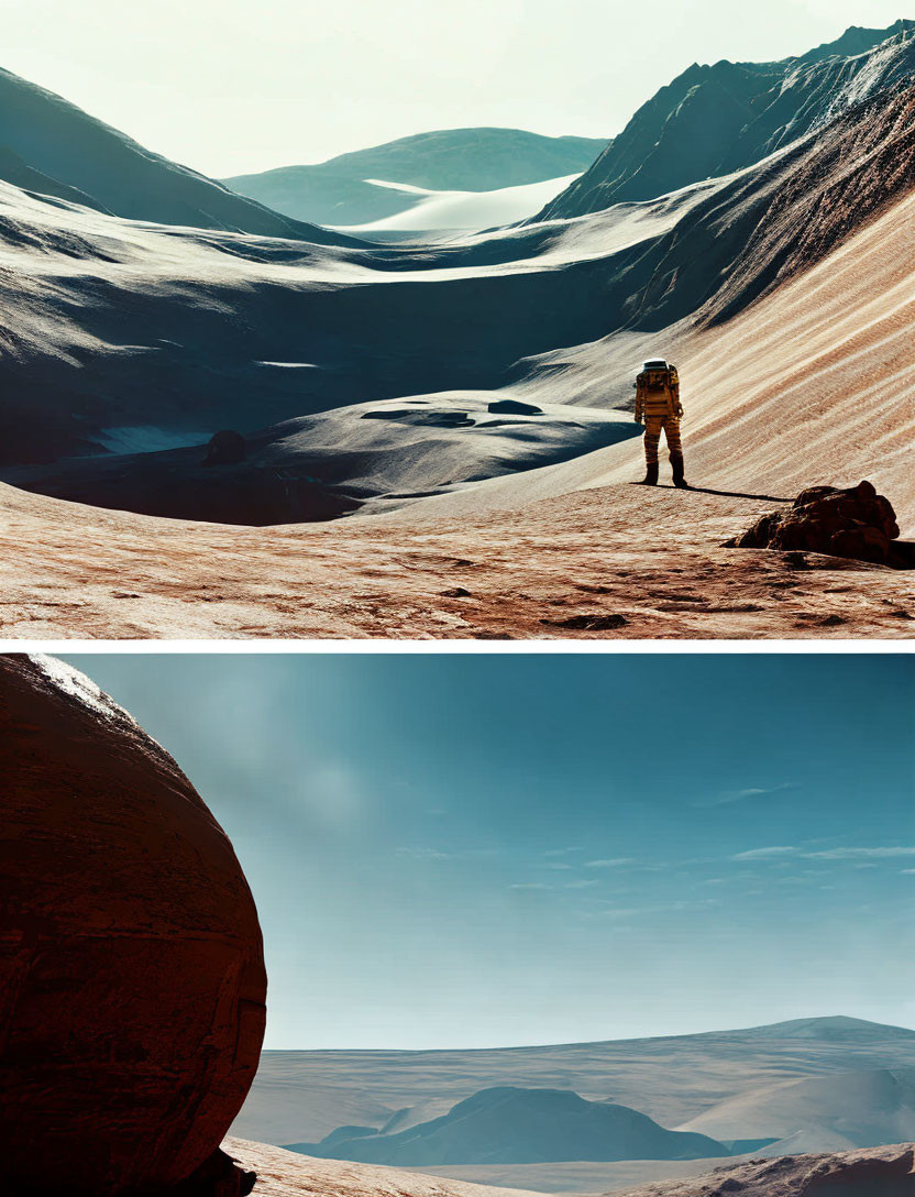 Traveler in vast desert landscape under clear blue sky