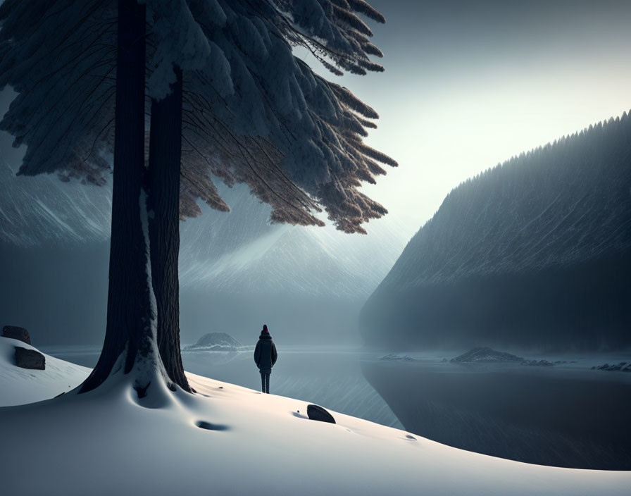 Solitary figure near snow-dusted tree by tranquil winter lake