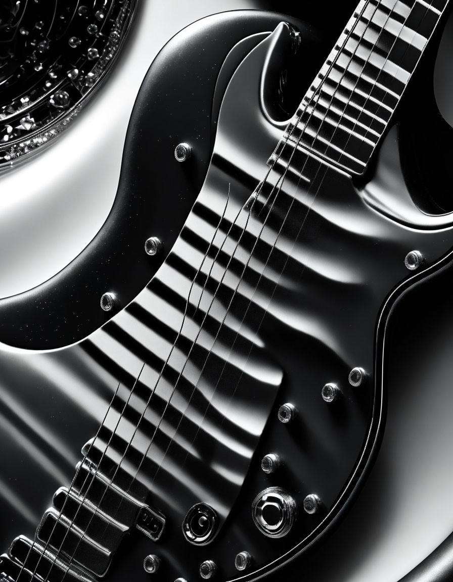 Detailed view of black electric guitar: strings, pickups, knobs, fretboard.