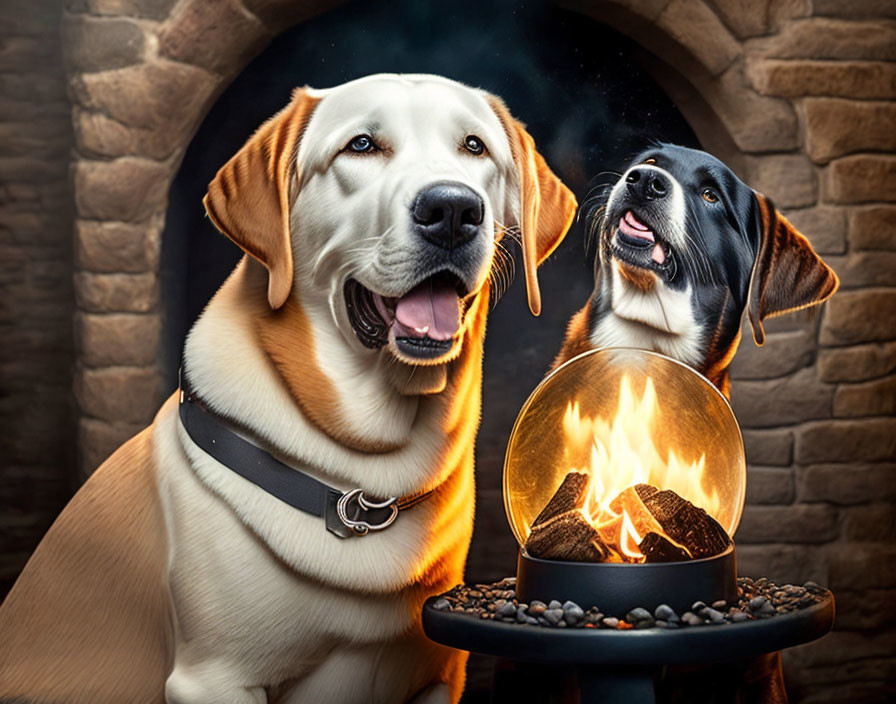 Two dogs by crystal ball with flame, brick fireplace backdrop