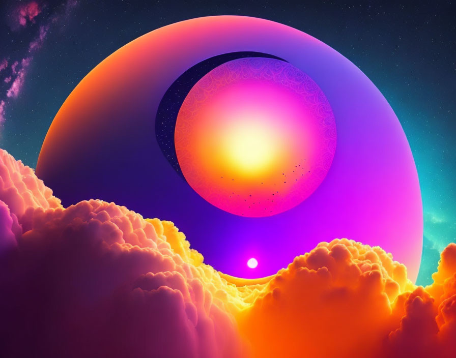 Colorful digital artwork: Large crescent eclipses sun in cosmic scene