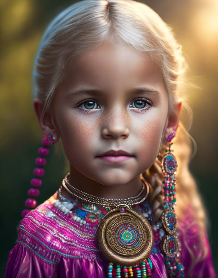 Blond Girl in Colorful Beaded Dress and Earrings