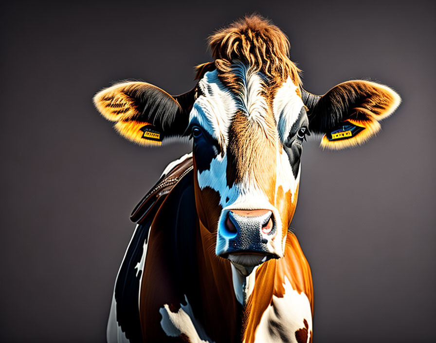 Brown and White Cow with Ear Tags on Grey Background