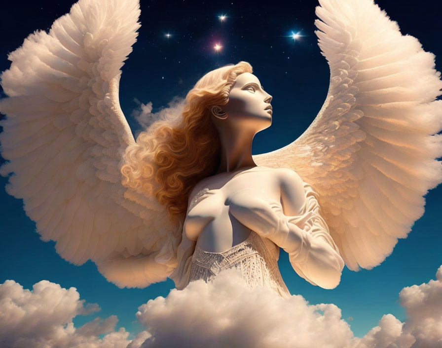 White-winged angel with golden hair gazes skyward in celestial scene.