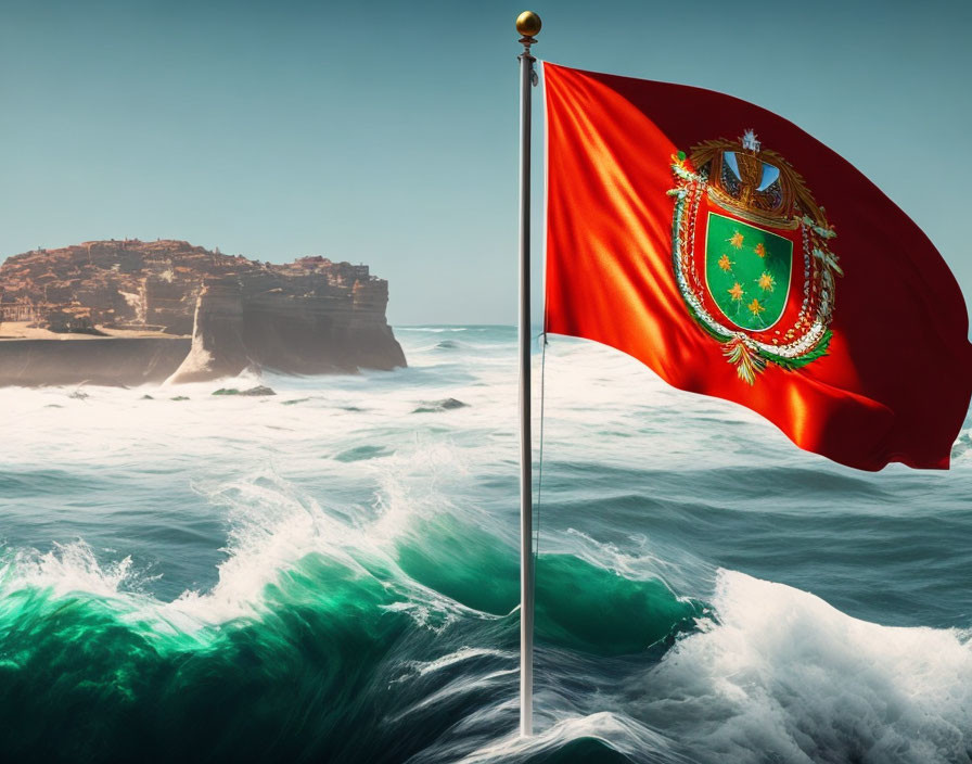 Vibrant red flag with golden emblem against tumultuous sea waves