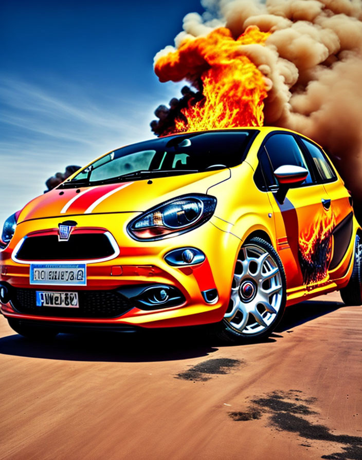 Colorful red and yellow car with flame decals in fiery explosion scene