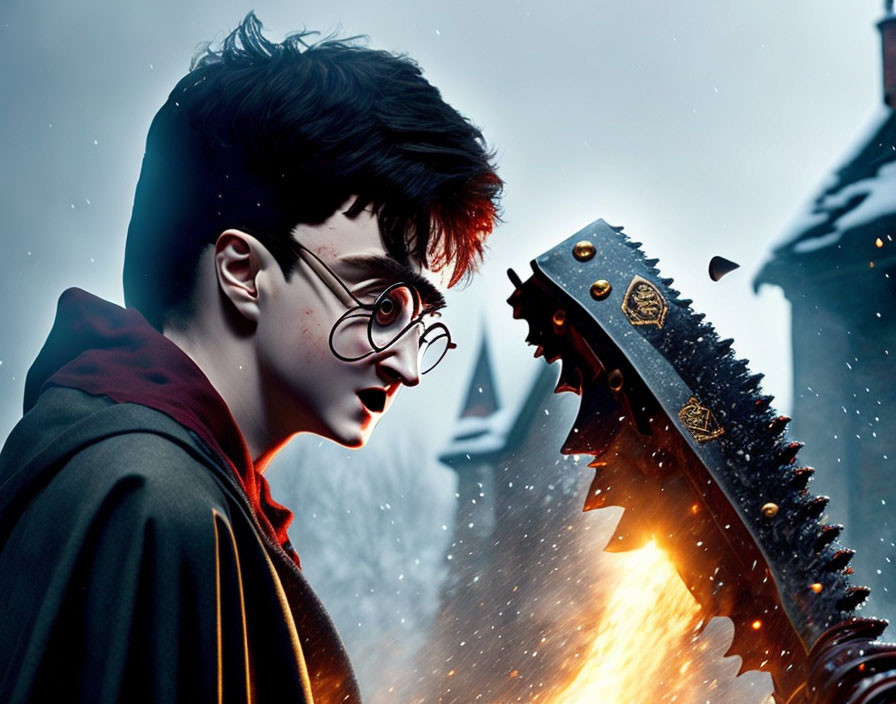 Young wizard with glasses and scar next to metal creature in snowy scene