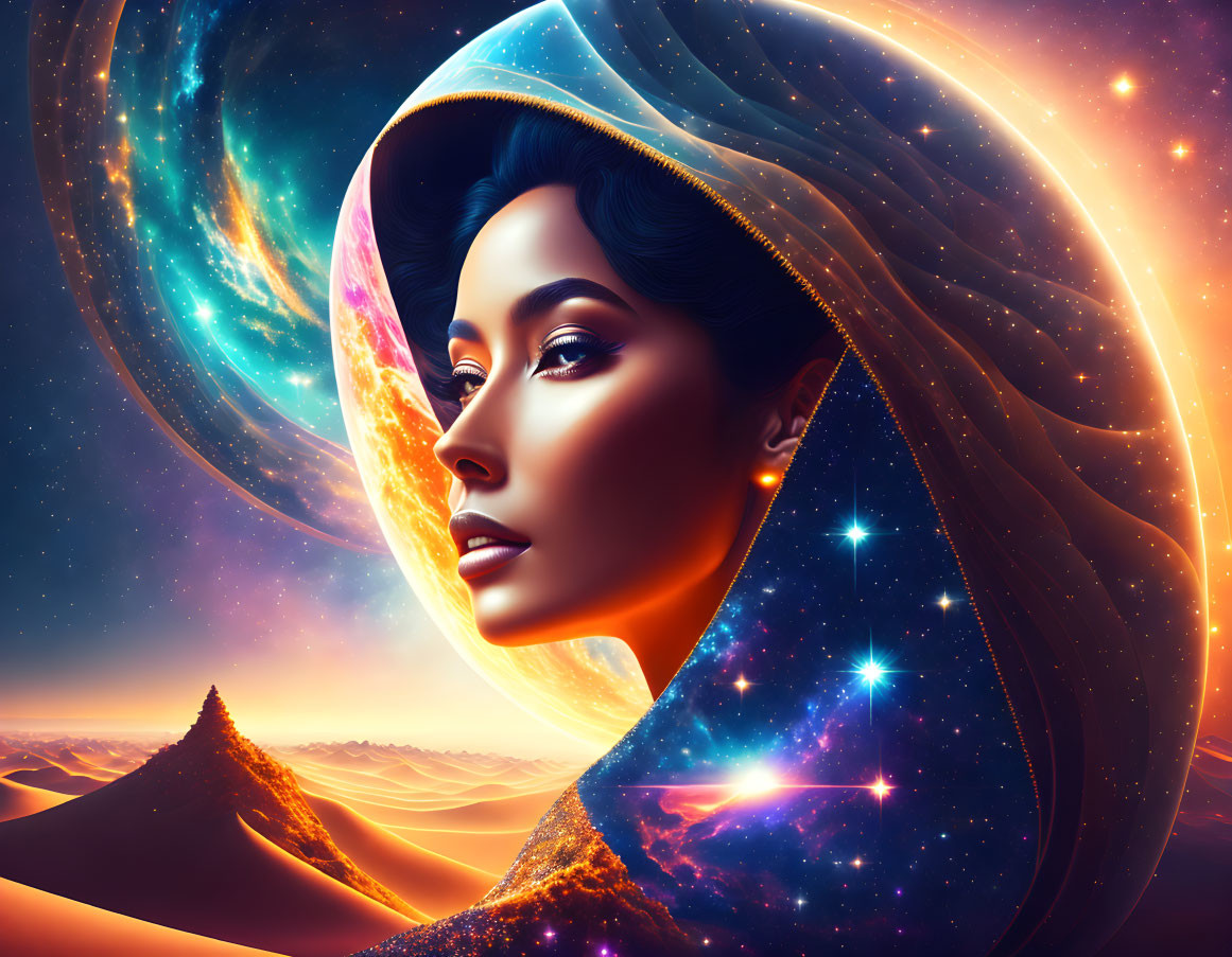 Surreal illustration blending woman's head into cosmic scene