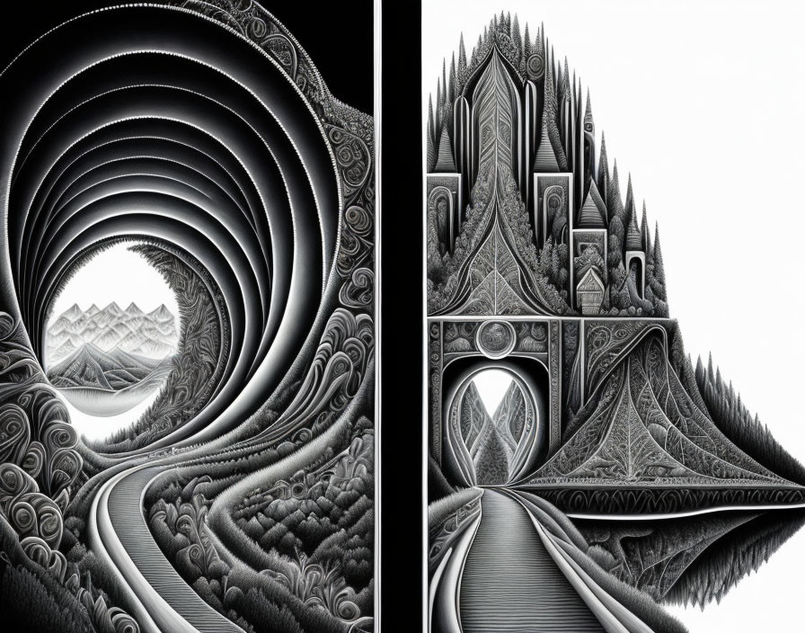 Monochrome surreal art: intricate symmetrical patterns in architectural and natural landscapes