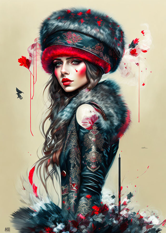 Woman with red lips, fur hat, floral patterns, and bird silhouette.